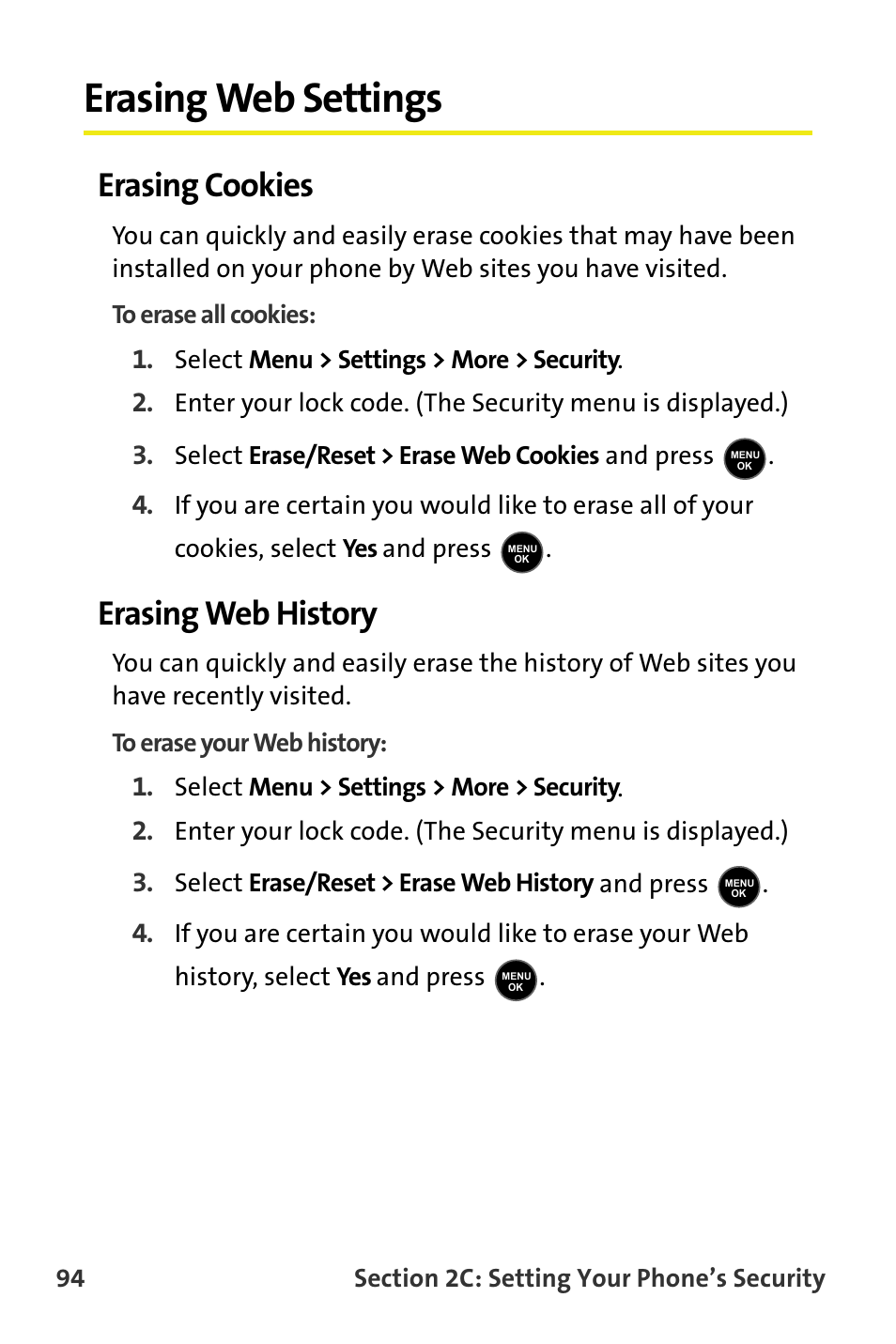 Erasing web settings, Erasing cookies, Erasing web history | Samsung M510 User Manual | Page 124 / 291