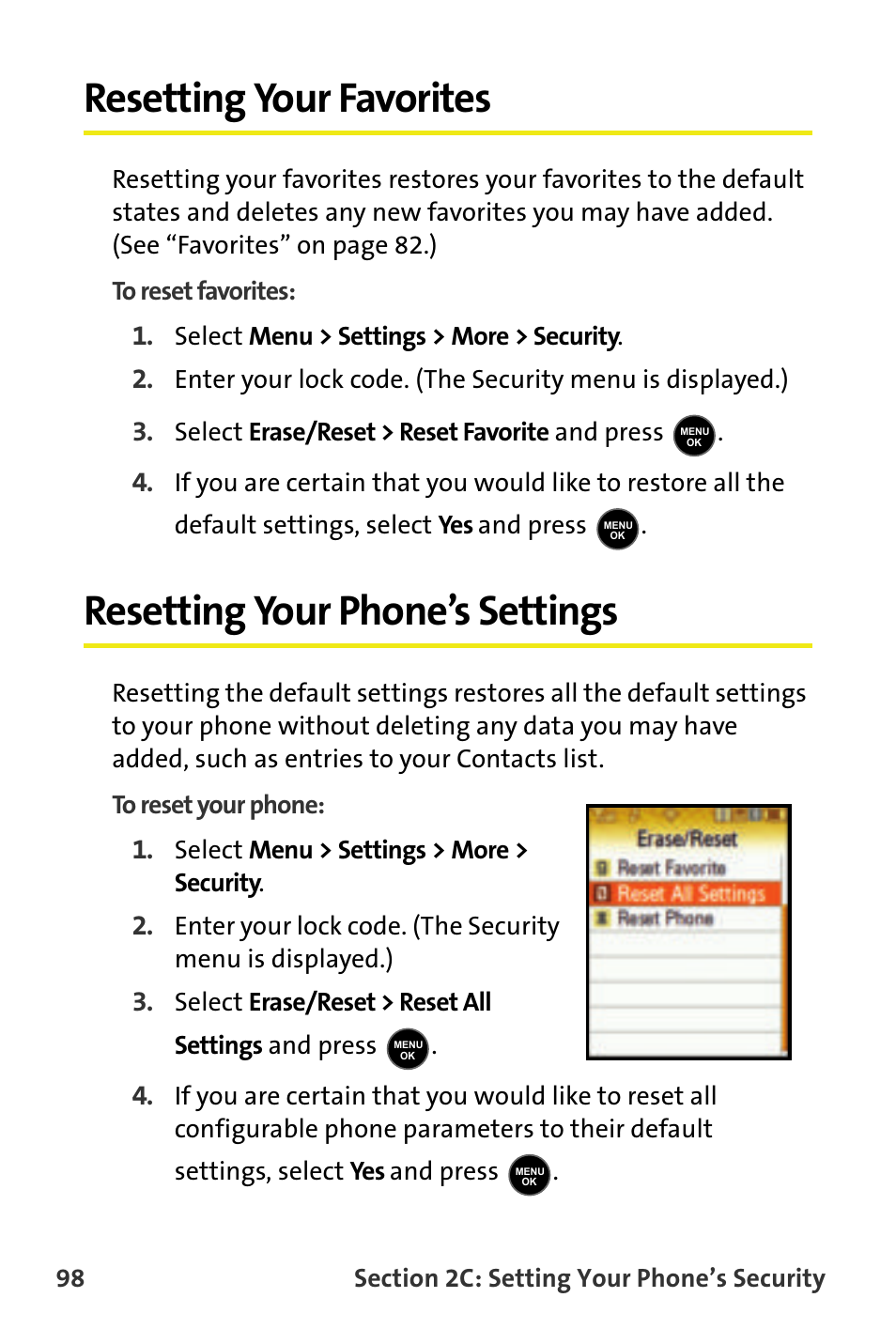 Resetting your favorites, Resetting your phone’s settings | Samsung M510 User Manual | Page 128 / 291