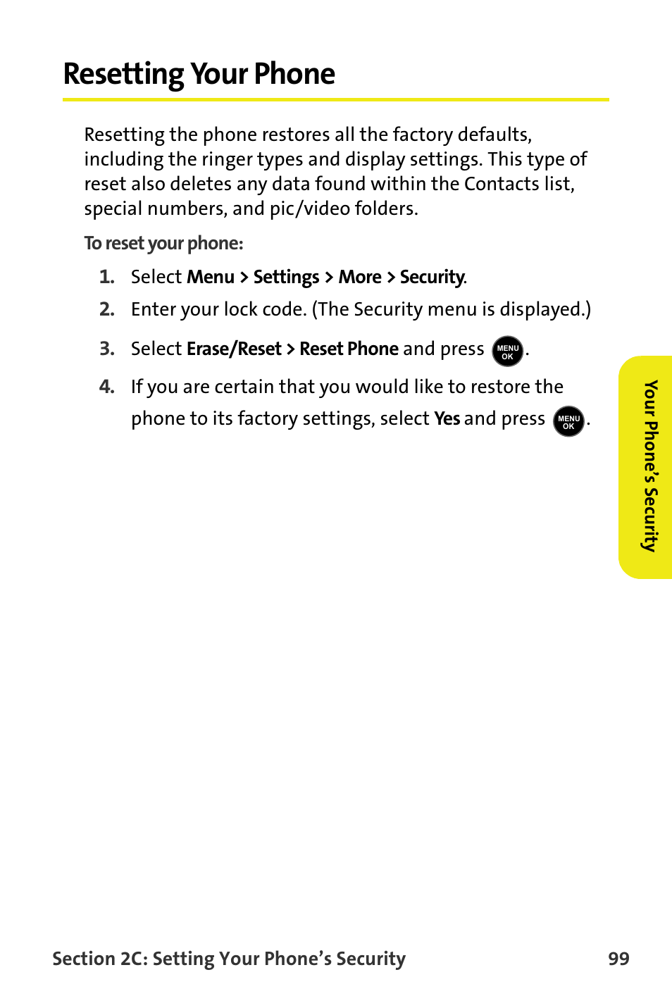 Resetting your phone | Samsung M510 User Manual | Page 129 / 291