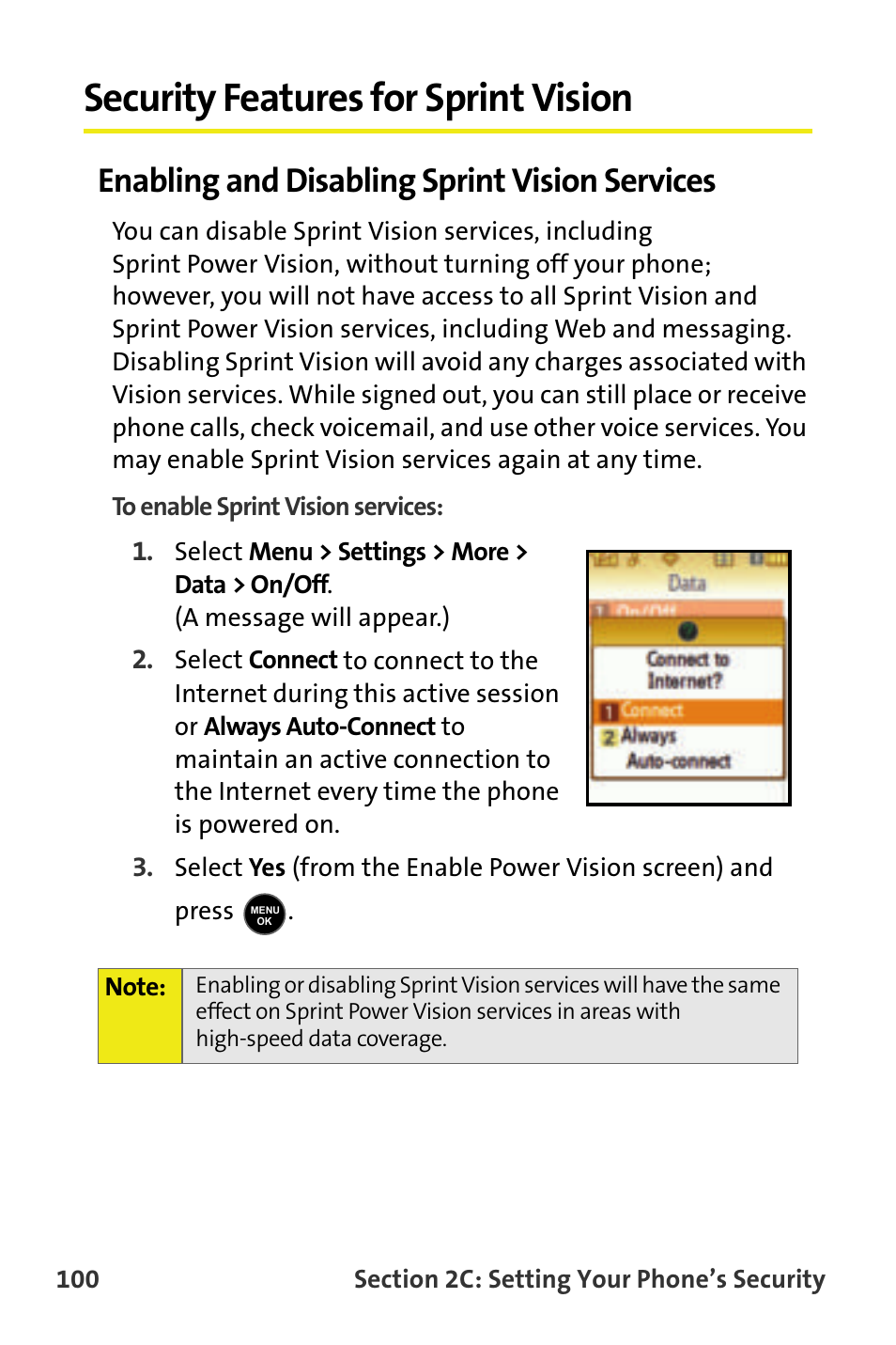 Security features for sprint vision, Enabling and disabling sprint vision services | Samsung M510 User Manual | Page 130 / 291