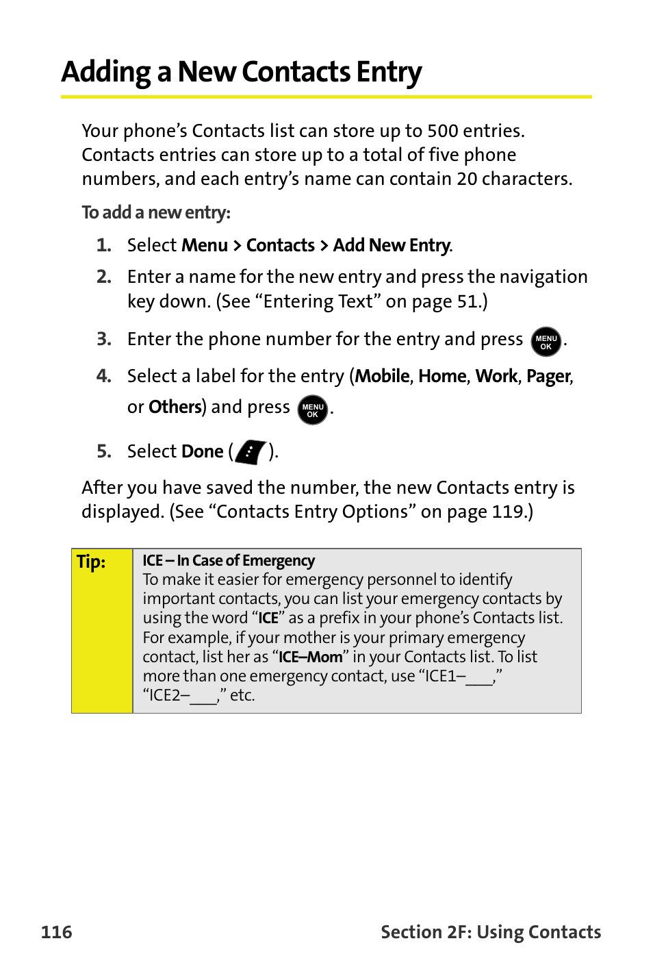 Adding a new contacts entry | Samsung M510 User Manual | Page 146 / 291