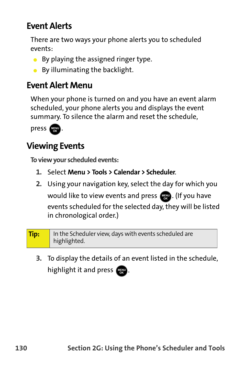 Event alerts, Event alert menu, Viewing events | Samsung M510 User Manual | Page 160 / 291