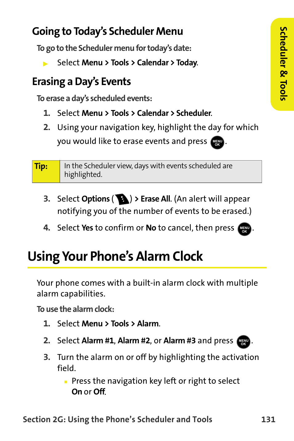 Going to today’s scheduler menu, Erasing a day’s events, Using your phone’s alarm clock | Scheduler & to ols | Samsung M510 User Manual | Page 161 / 291