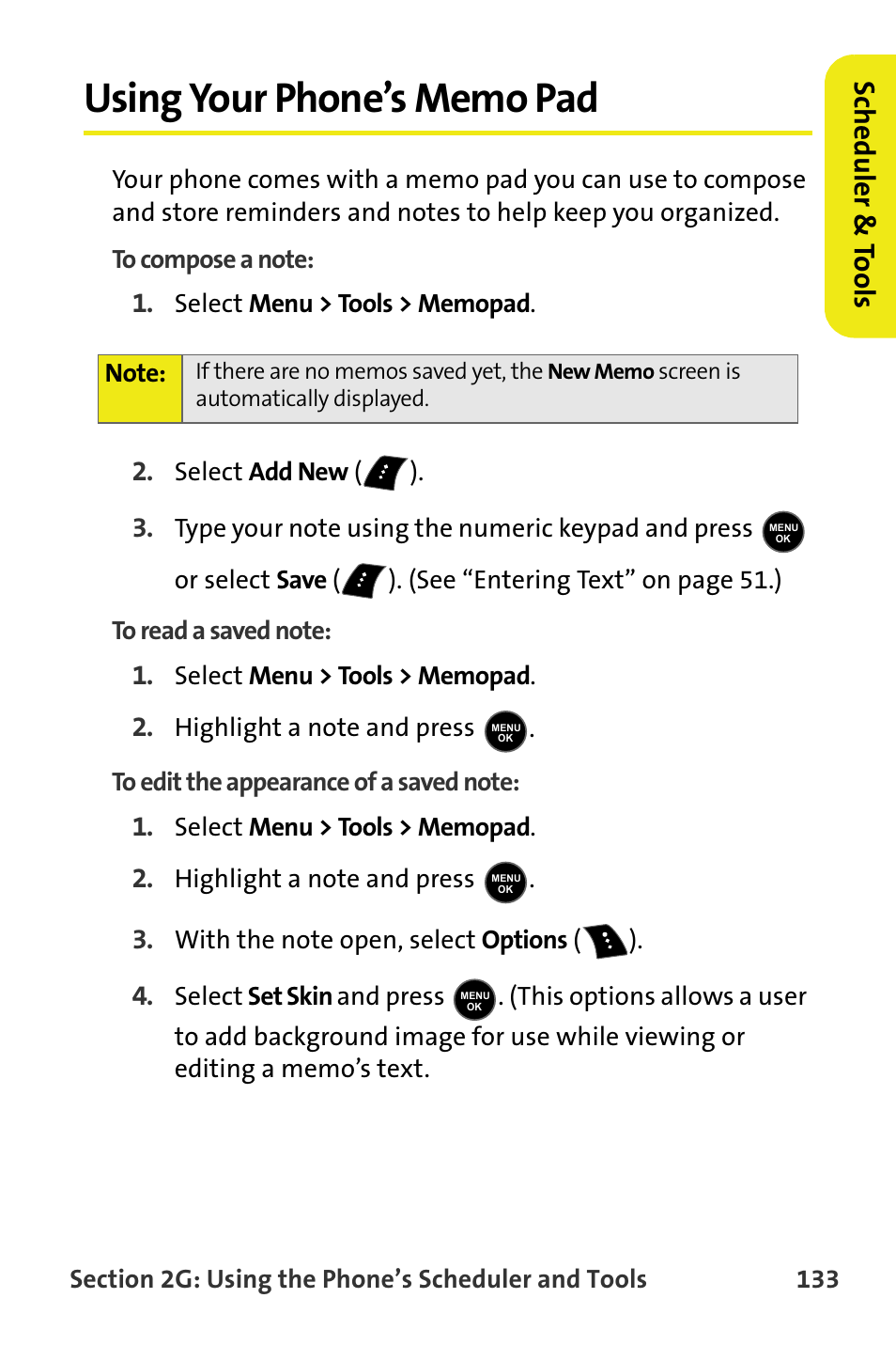 Using your phone’s memo pad, Scheduler & to ols | Samsung M510 User Manual | Page 163 / 291