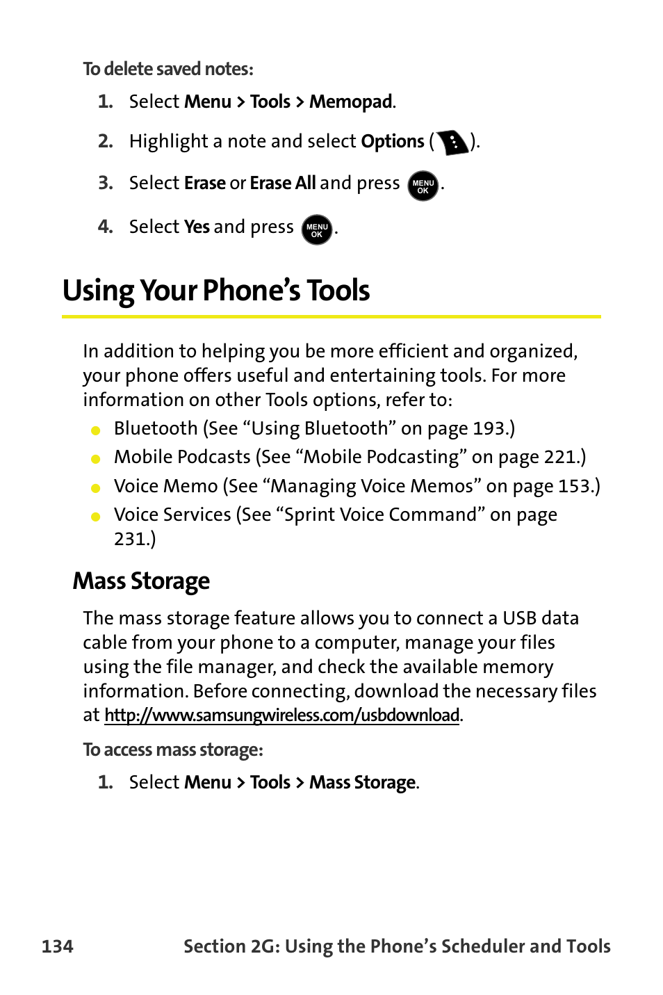 Using your phone’s tools, Mass storage | Samsung M510 User Manual | Page 164 / 291