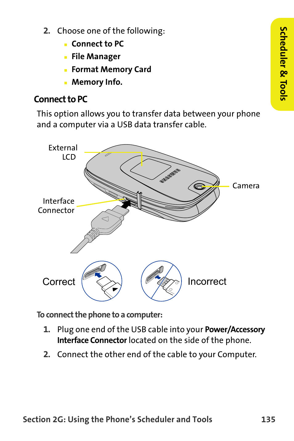 Connect to pc, Incorrect correct, Scheduler & to ols | Samsung M510 User Manual | Page 165 / 291