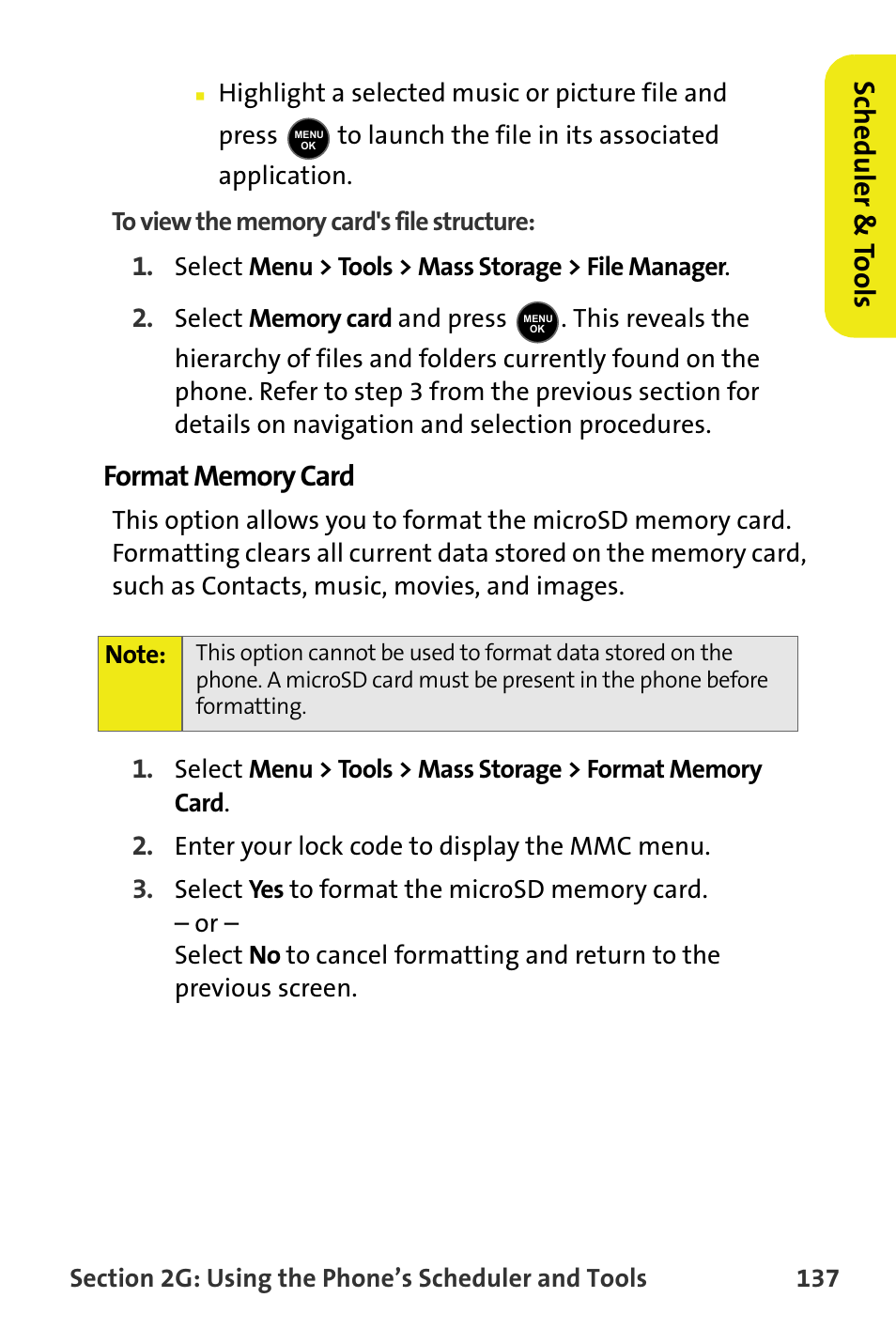 Format memory card, Scheduler & to ols | Samsung M510 User Manual | Page 167 / 291