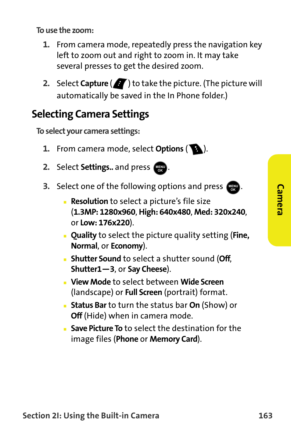 Selecting camera settings, Ca m e ra | Samsung M510 User Manual | Page 193 / 291