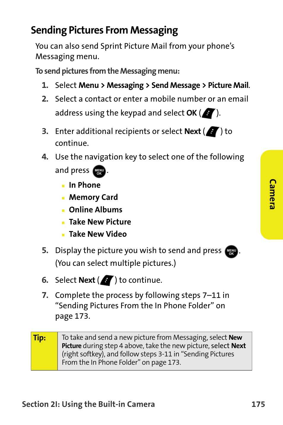 Sending pictures from messaging, Ca m e ra | Samsung M510 User Manual | Page 205 / 291