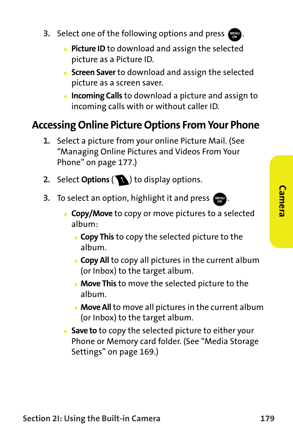 Accessing online picture options from your phone, Ca m e ra, Select one of the following options and press | Select options ( ) to display options | Samsung M510 User Manual | Page 209 / 291