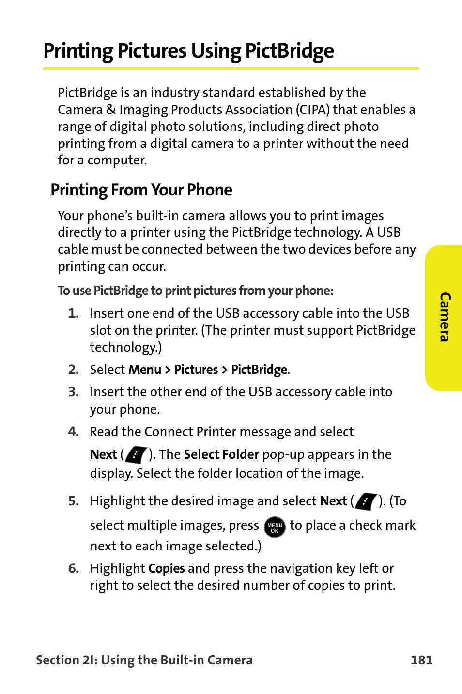 Printing pictures using pictbridge, Printing from your phone | Samsung M510 User Manual | Page 211 / 291