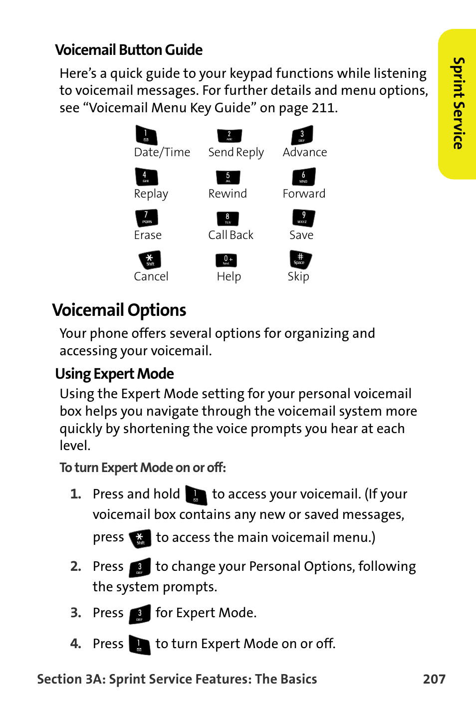 Voicemail button guide, Voicemail options, Using expert mode | Sp rint s e rv ice voicemail button guide, Press for expert mode, Press to turn expert mode on or off | Samsung M510 User Manual | Page 237 / 291