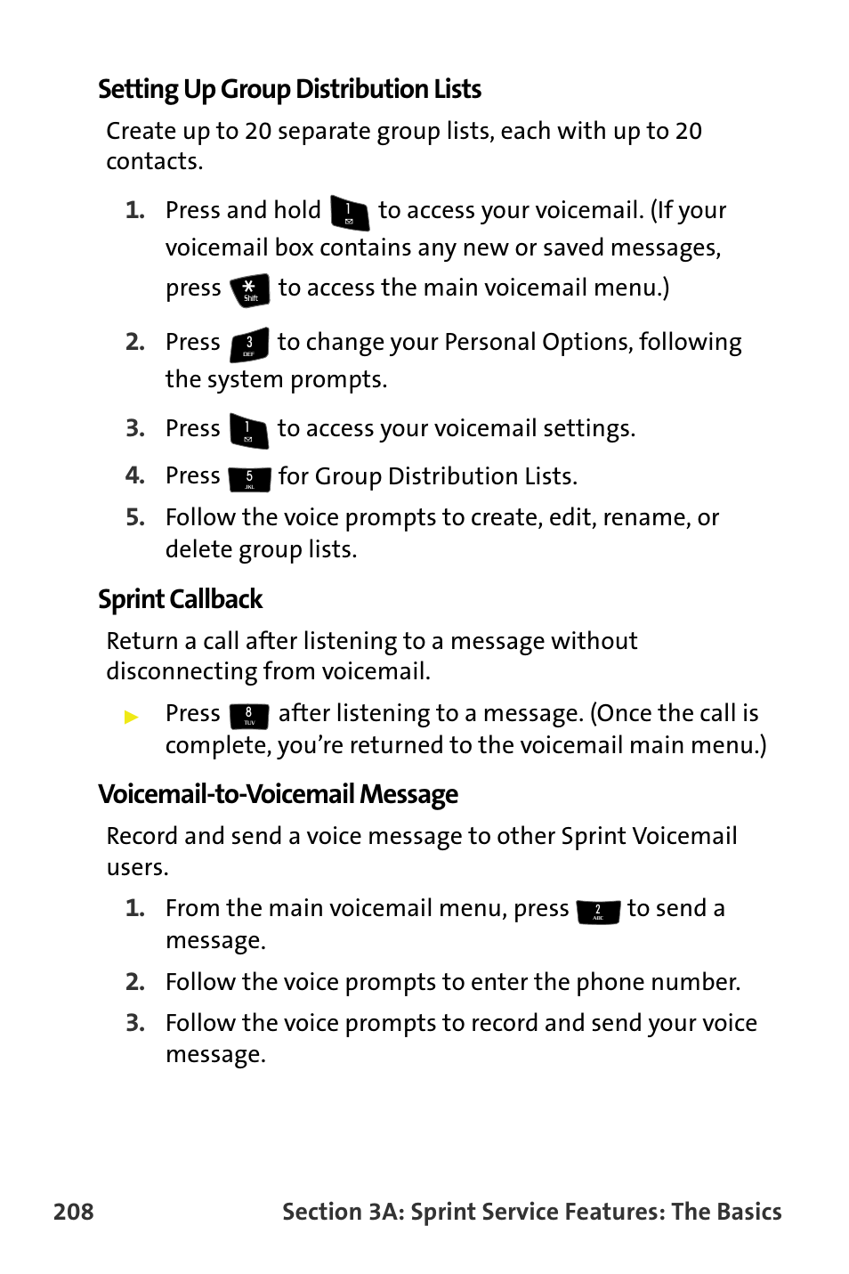 Setting up group distribution lists, Sprint callback, Voicemail-to-voicemail message | Samsung M510 User Manual | Page 238 / 291