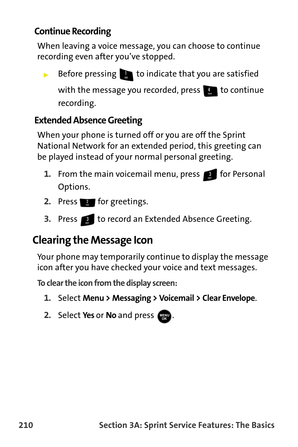 Continue recording, Extended absence greeting, Clearing the message icon | Press for greetings, Press to record an extended absence greeting, Select yes or no and press | Samsung M510 User Manual | Page 240 / 291