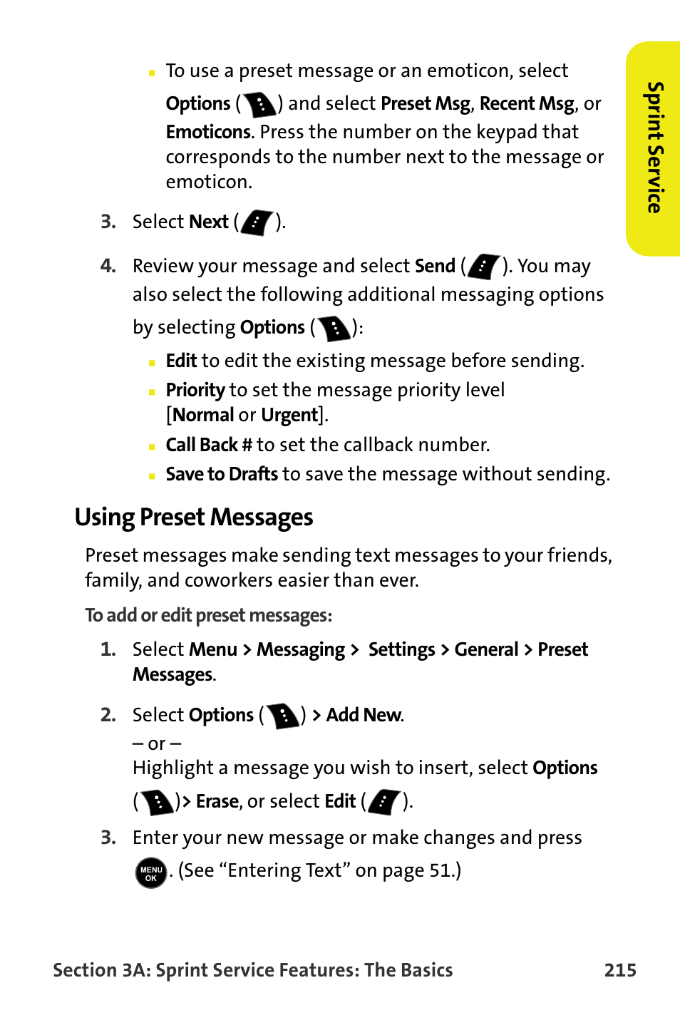 Using preset messages, Sp rint s e rv ice | Samsung M510 User Manual | Page 245 / 291