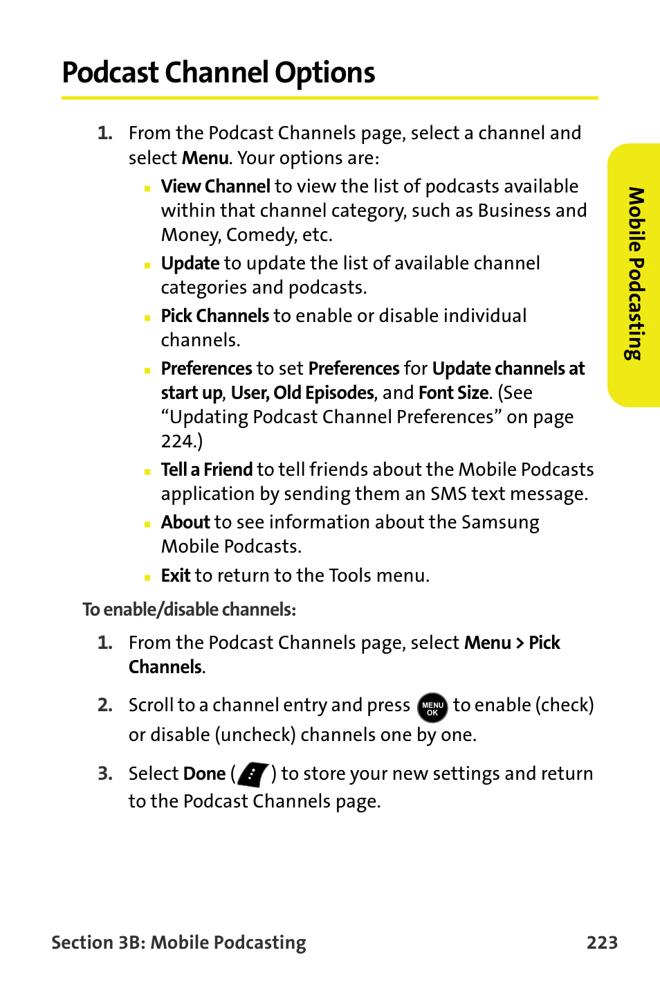 Podcast channel options, Mobile p o dcastin g | Samsung M510 User Manual | Page 253 / 291