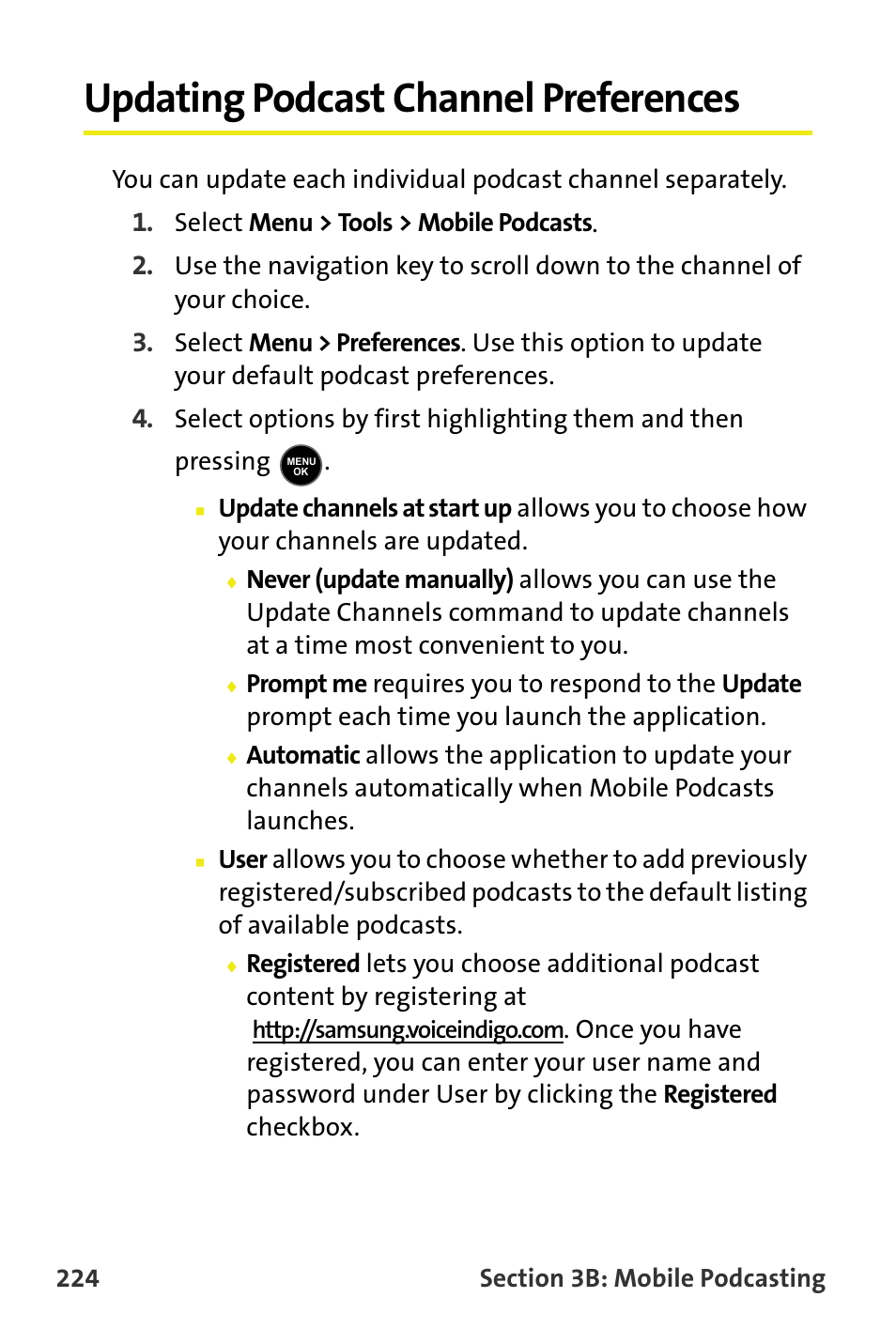 Updating podcast channel preferences | Samsung M510 User Manual | Page 254 / 291