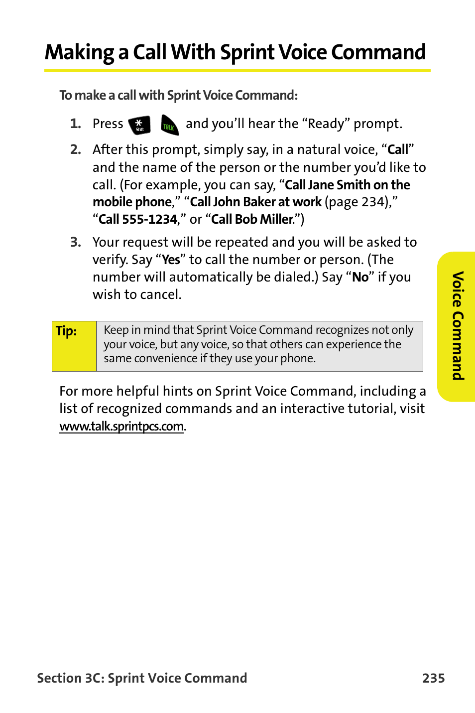 Making a call with sprint voice command | Samsung M510 User Manual | Page 265 / 291