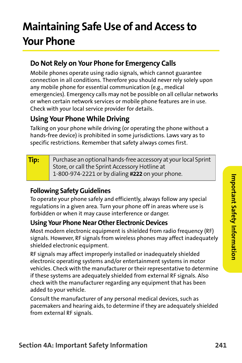 Maintaining safe use of and access to your phone, Do not rely on your phone for emergency calls, Using your phone while driving | Samsung M510 User Manual | Page 271 / 291