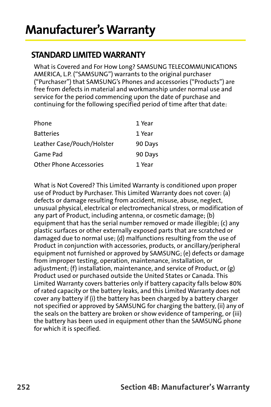 Manufacturer’s warranty, Standard limited warranty | Samsung M510 User Manual | Page 282 / 291