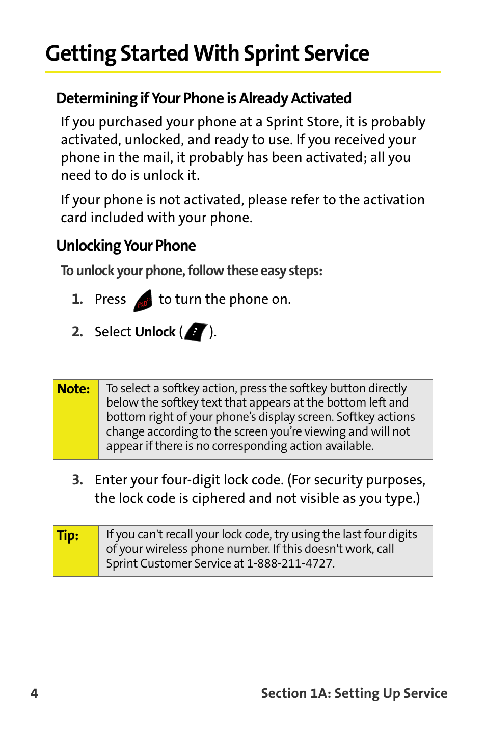 Getting started with sprint service, Determining if your phone is already activated, Unlocking your phone | Samsung M510 User Manual | Page 34 / 291