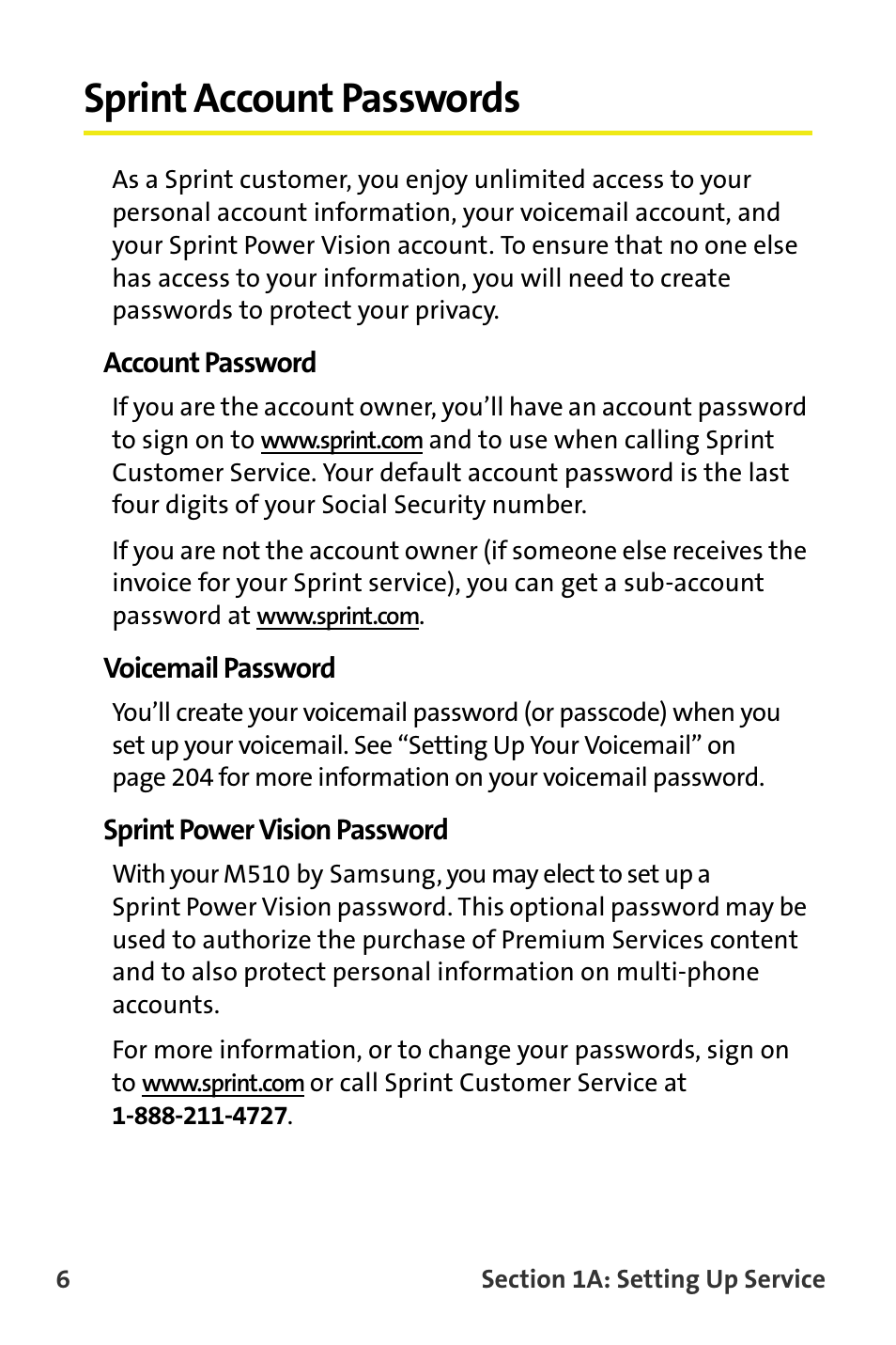 Sprint account passwords, Account password, Voicemail password | Sprint power vision password | Samsung M510 User Manual | Page 36 / 291