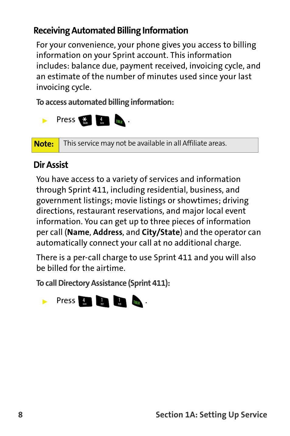 Receiving automated billing information, Dir assist, Press | Samsung M510 User Manual | Page 38 / 291