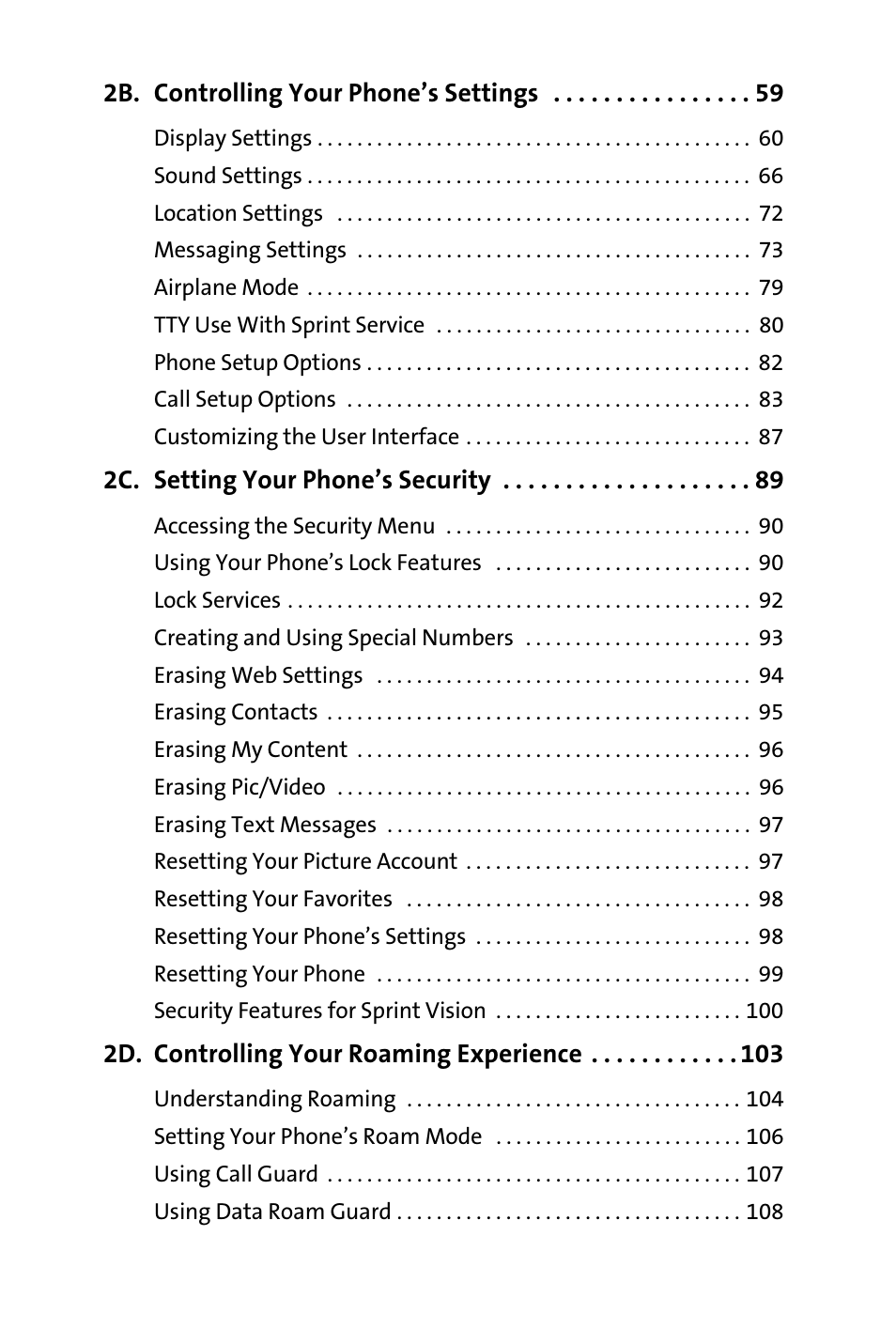 2b. controlling your phone’s settings 59, 2c. setting your phone’s security 89, 2d. controlling your roaming experience 103 | Samsung M510 User Manual | Page 4 / 291