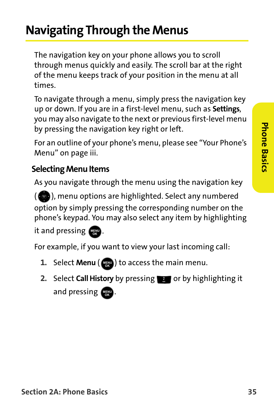 Navigating through the menus, Selecting menu items, Phone basics | Select menu ( ) to access the main menu | Samsung M510 User Manual | Page 65 / 291