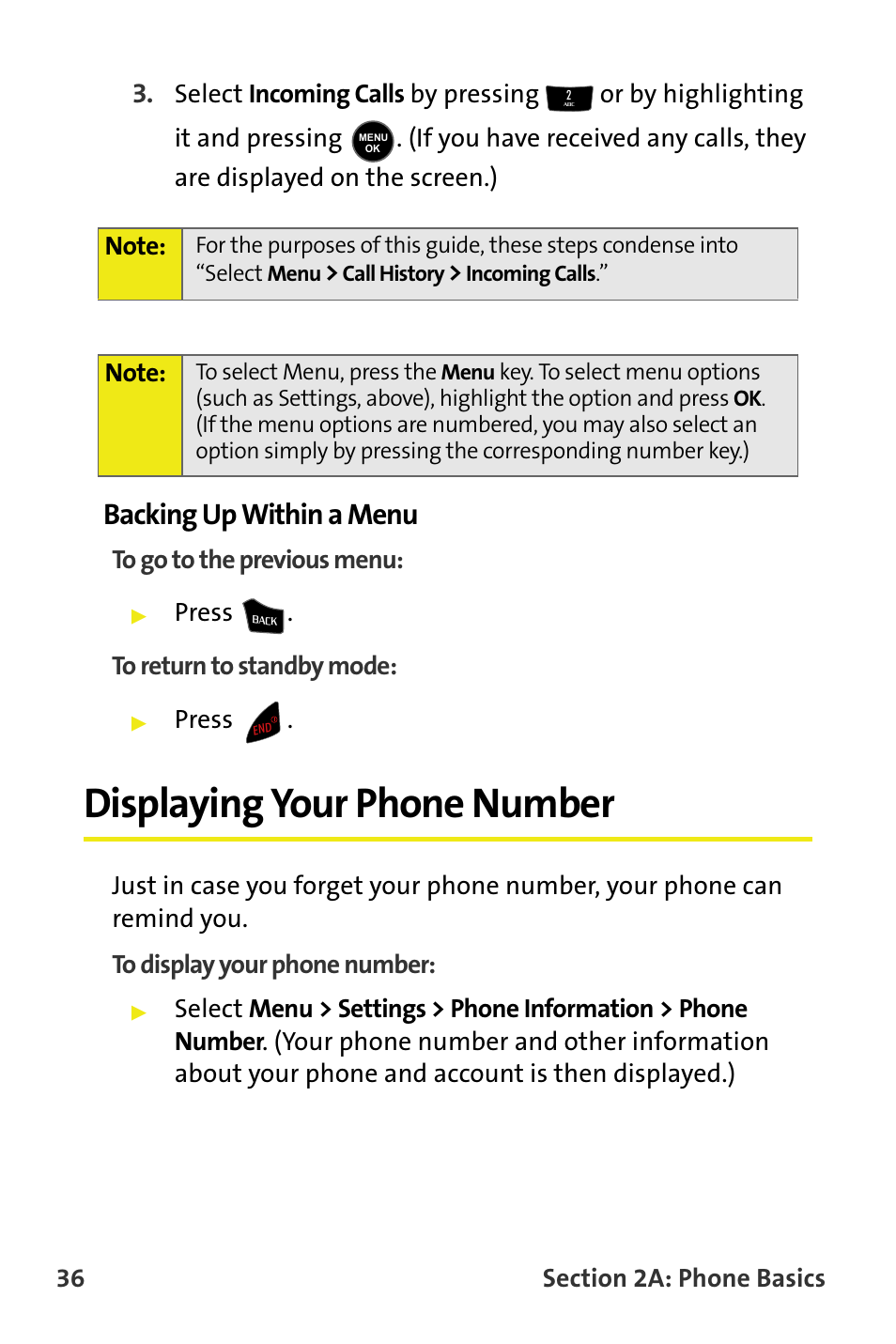 Backing up within a menu, Displaying your phone number, Press . to return to standby mode | Press | Samsung M510 User Manual | Page 66 / 291