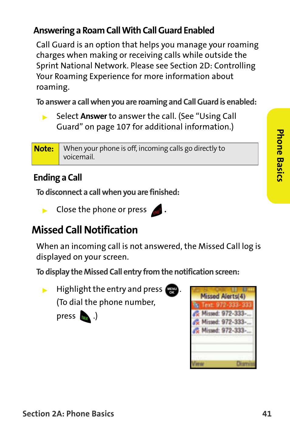 Answering a roam call with call guard enabled, Ending a call, Missed call notification | Samsung M510 User Manual | Page 71 / 291