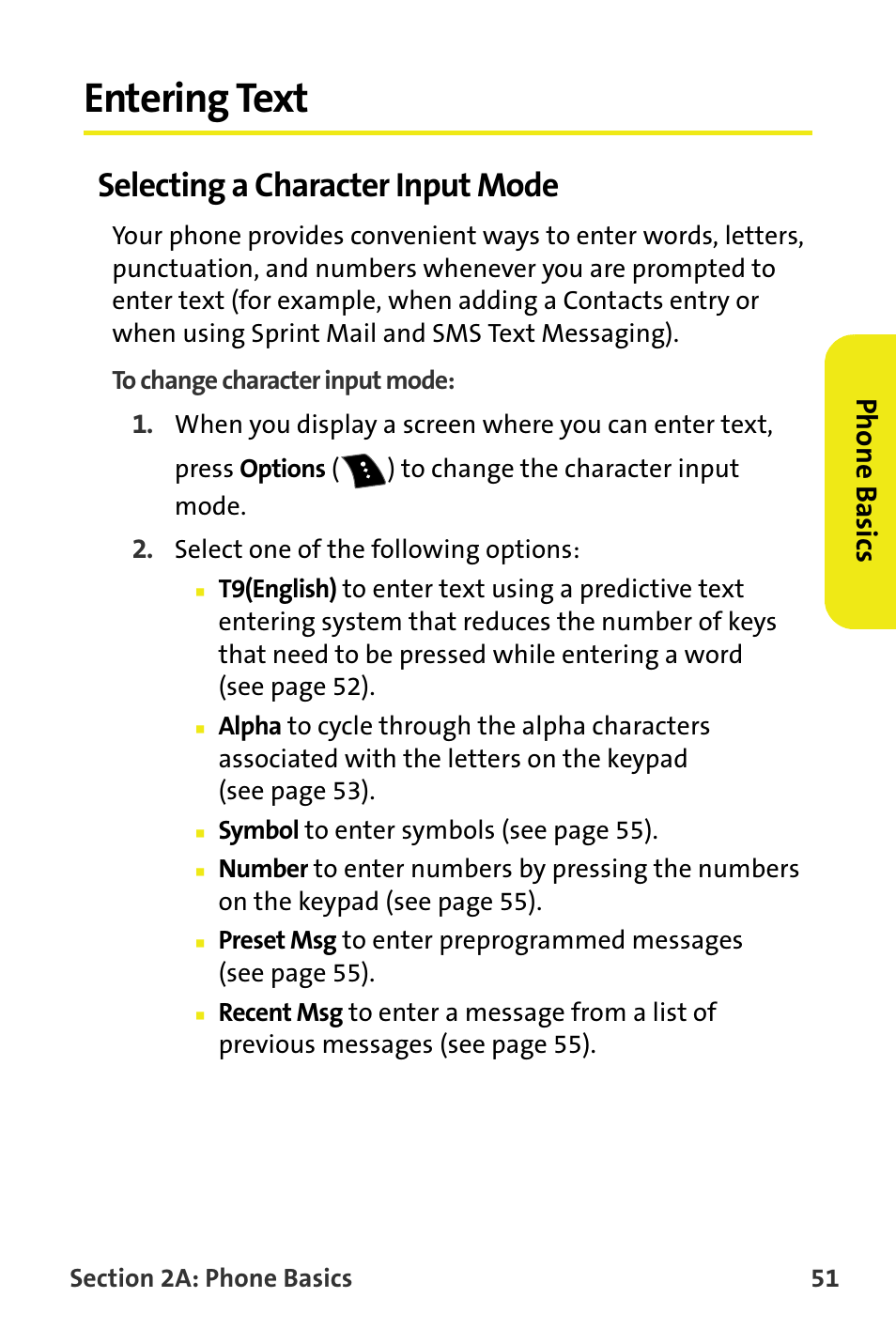 Entering text, Selecting a character input mode, Phone basics | Samsung M510 User Manual | Page 81 / 291