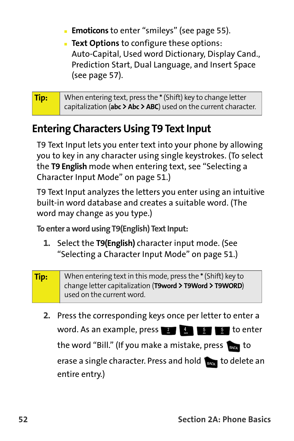 Entering characters using t9 text input, Emoticons to enter “smileys” (see page 55) | Samsung M510 User Manual | Page 82 / 291