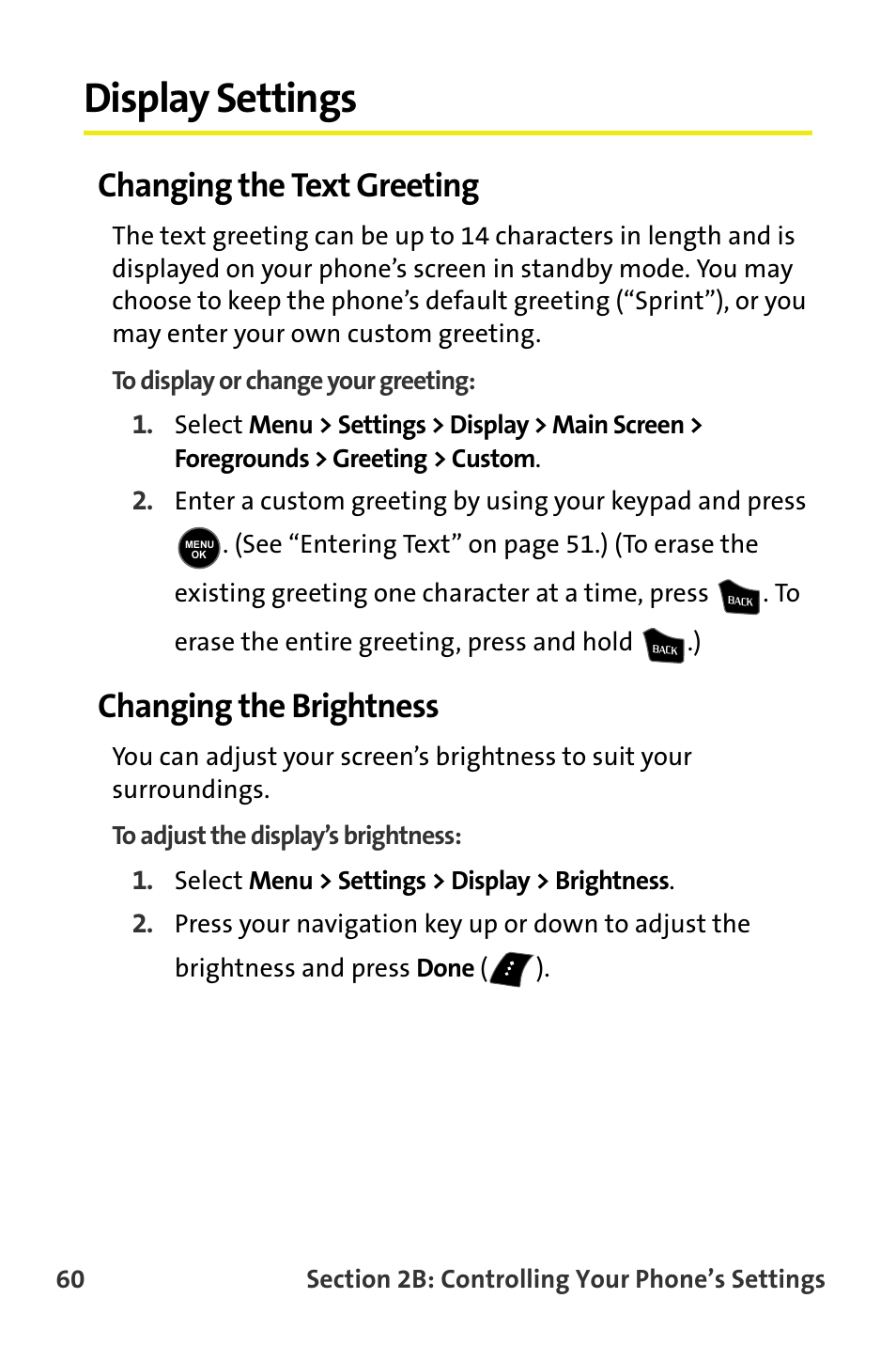 Display settings, Changing the text greeting, Changing the brightness | Samsung M510 User Manual | Page 90 / 291