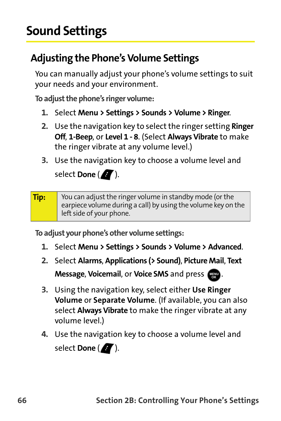 Sound settings, Adjusting the phone’s volume settings | Samsung M510 User Manual | Page 96 / 291