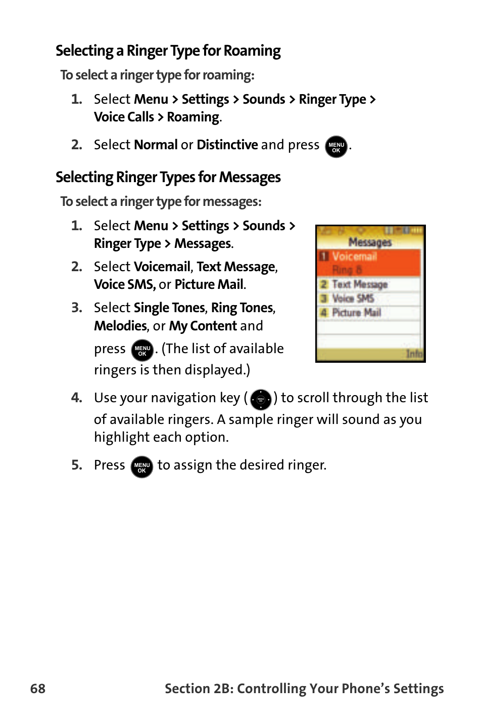 Selecting a ringer type for roaming, Selecting ringer types for messages | Samsung M510 User Manual | Page 98 / 291