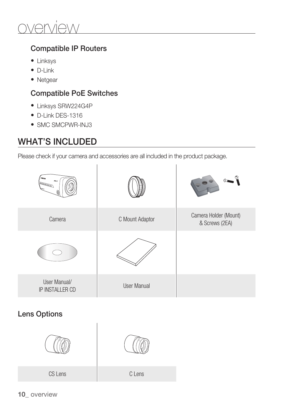 Overview, What’s included | Samsung SNC-B2335P User Manual | Page 10 / 111