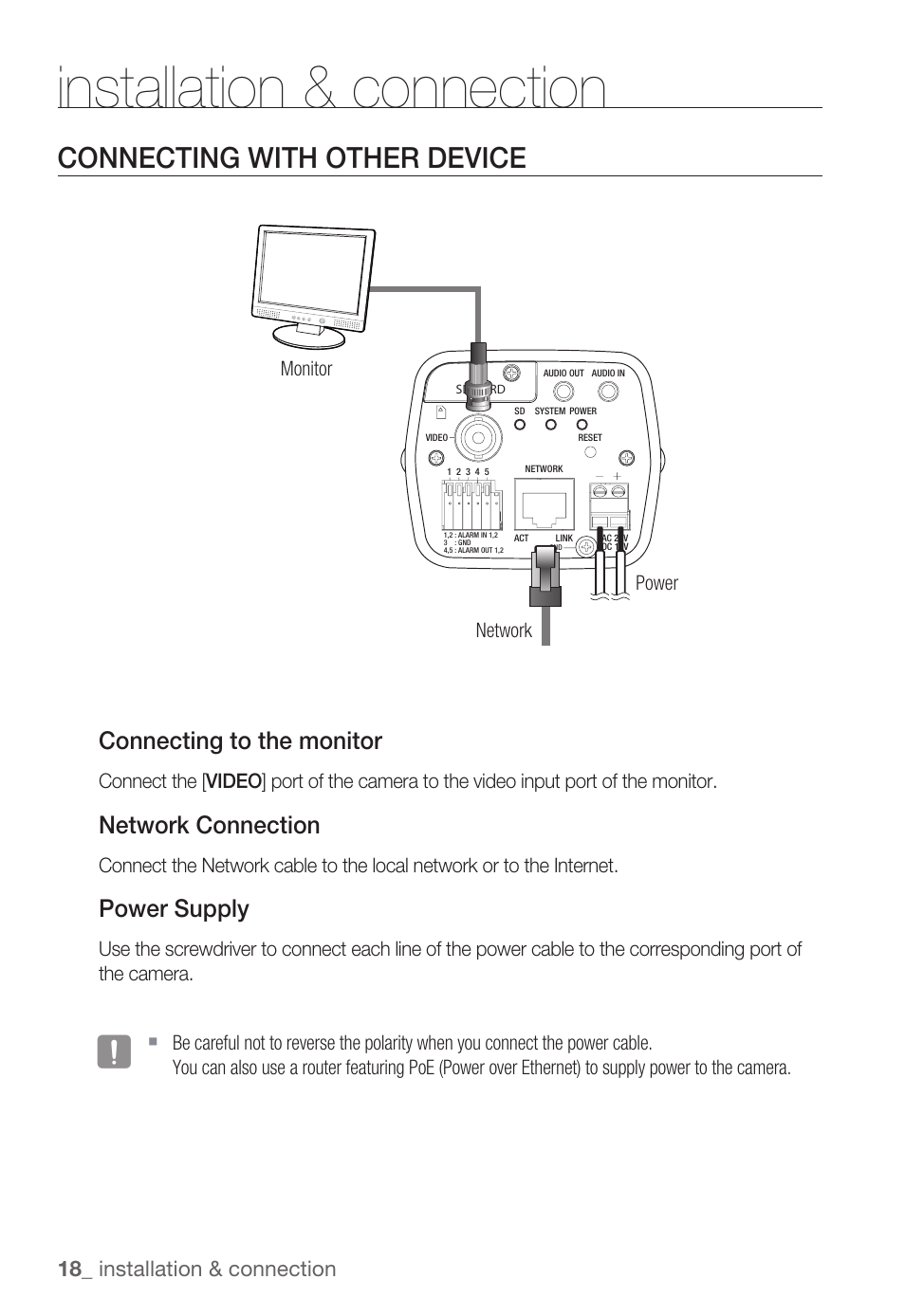 Installation & connection, Connecting with other device, Connecting to the monitor | Network connection, Power supply, 18_ installation & connection | Samsung SNC-B2335P User Manual | Page 18 / 111