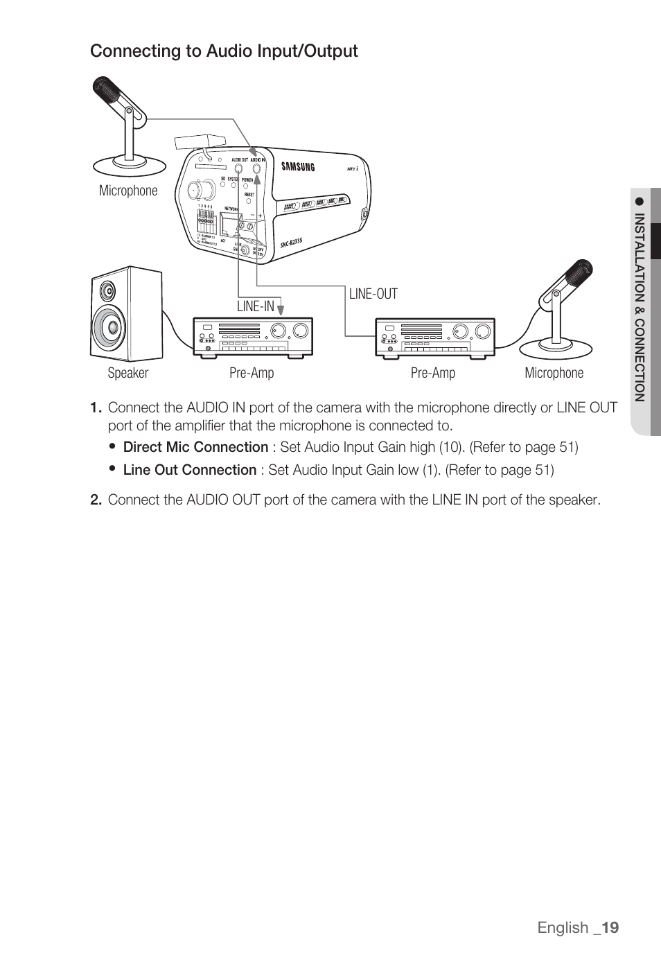 Connecting to audio input/output | Samsung SNC-B2335P User Manual | Page 19 / 111