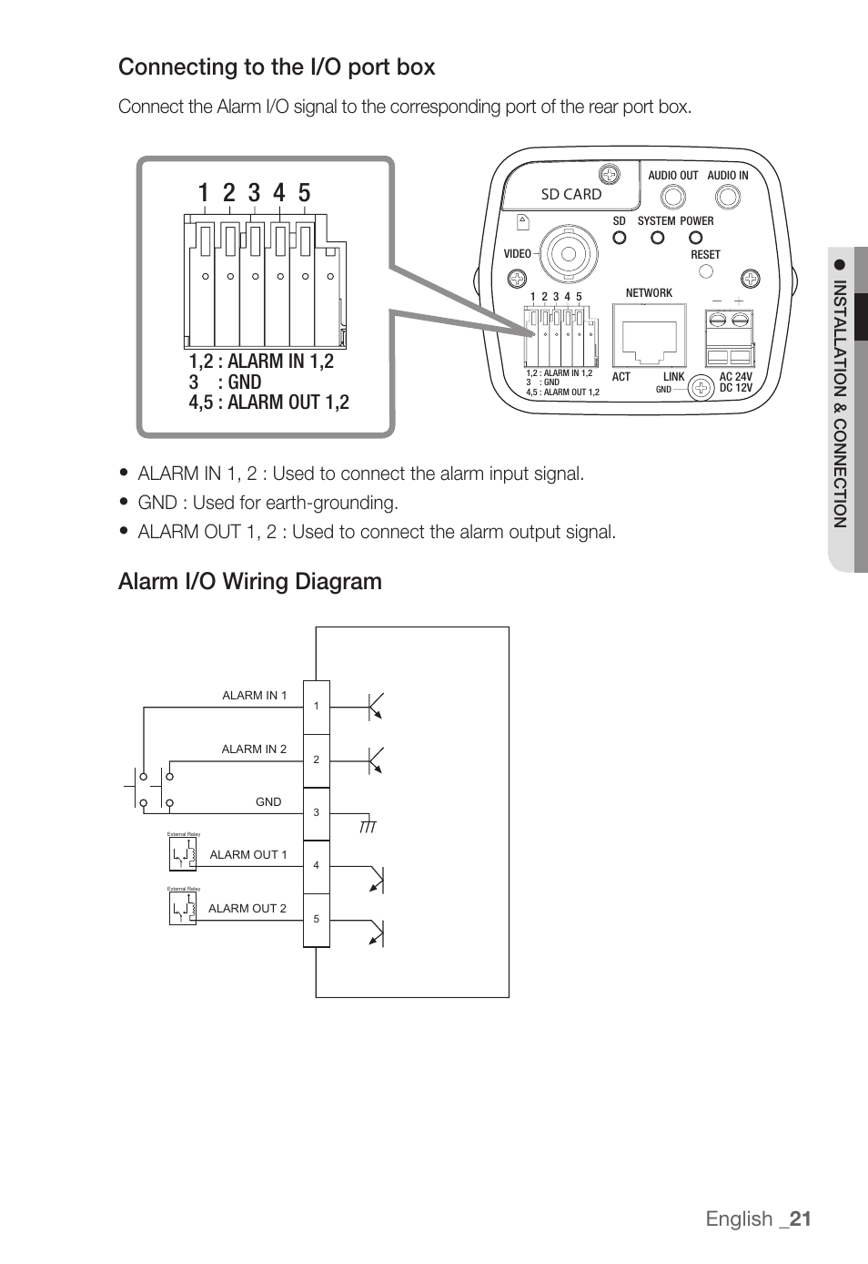Connecting to the i/o port box, Alarm i/o wiring diagram, English _21 | Y y y | Samsung SNC-B2335P User Manual | Page 21 / 111