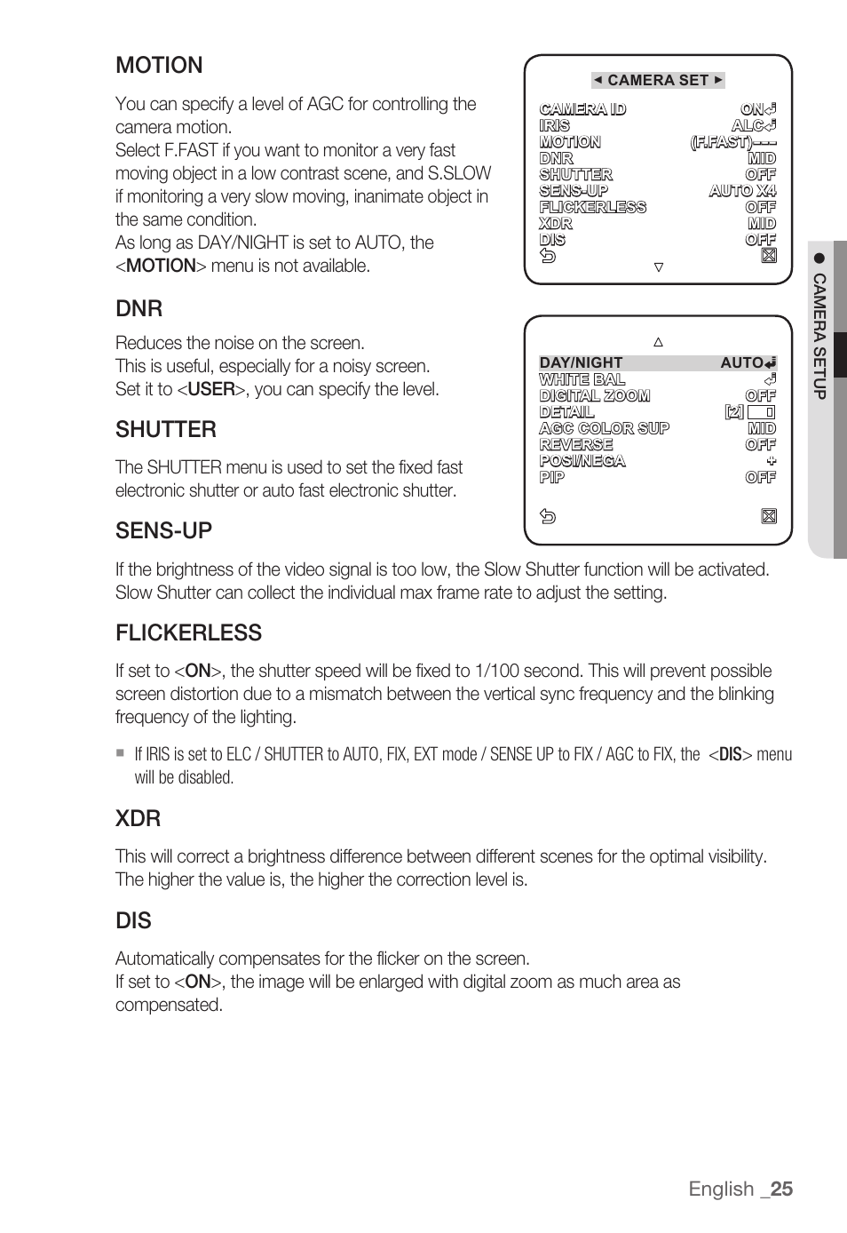 Motion, Shutter, Sens-up | Flickerless, English _25 | Samsung SNC-B2335P User Manual | Page 25 / 111