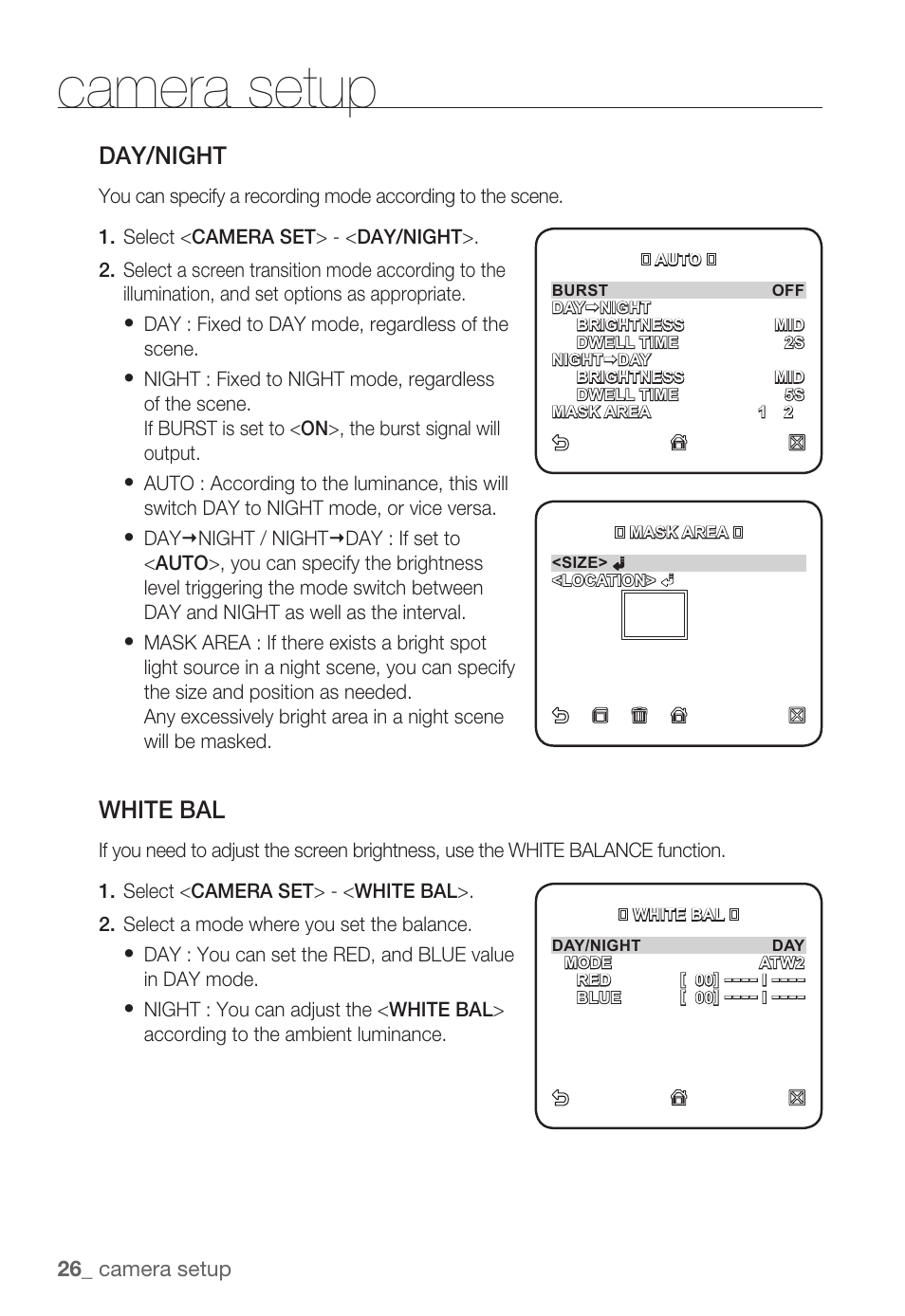 Camera setup, Day/night, White bal | 26_ camera setup | Samsung SNC-B2335P User Manual | Page 26 / 111