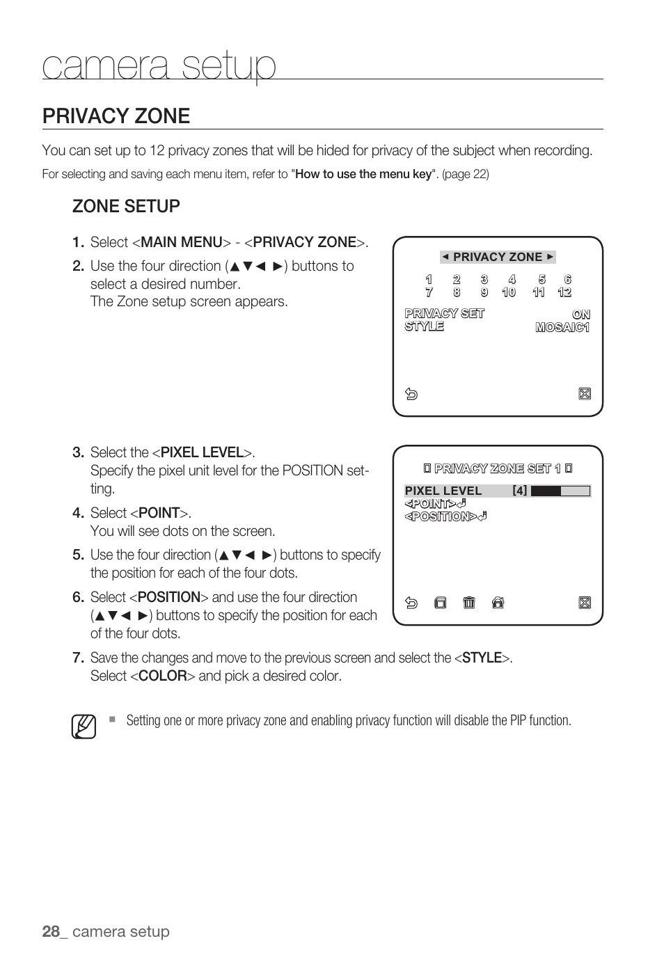 Camera setup, Privacy zone, Zone setup | Samsung SNC-B2335P User Manual | Page 28 / 111