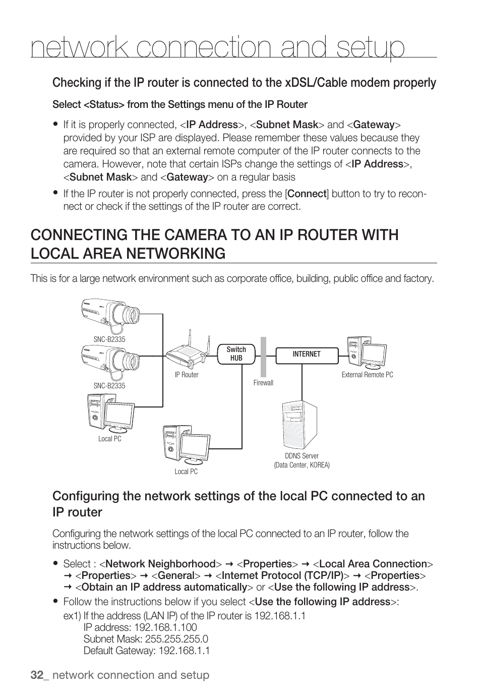 Network connection and setup | Samsung SNC-B2335P User Manual | Page 32 / 111