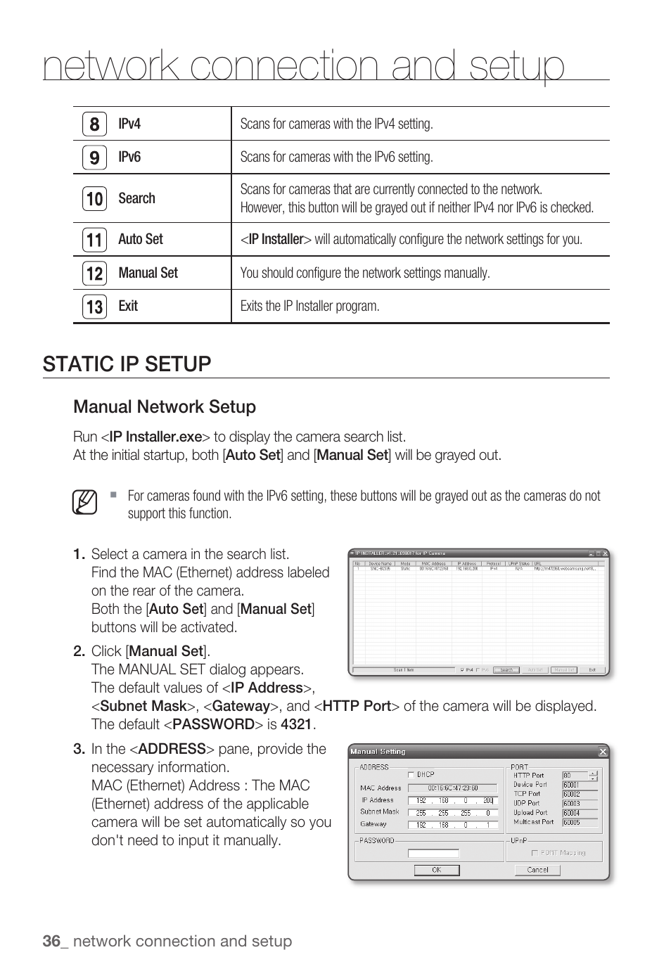 Network connection and setup, Static ip setup | Samsung SNC-B2335P User Manual | Page 36 / 111