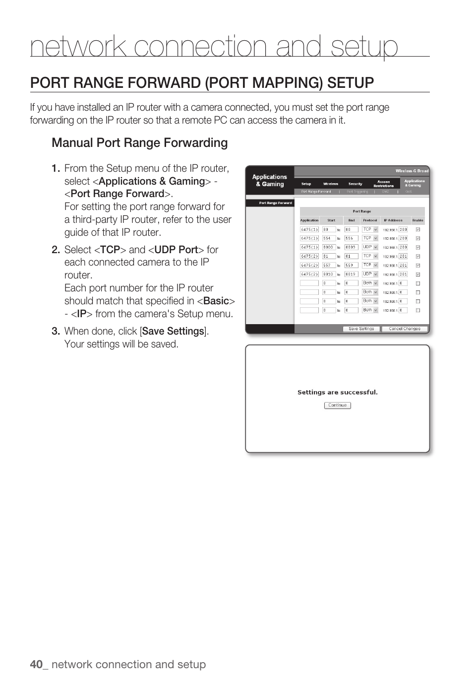 Network connection and setup, Port range forward (port mapping) setup | Samsung SNC-B2335P User Manual | Page 40 / 111