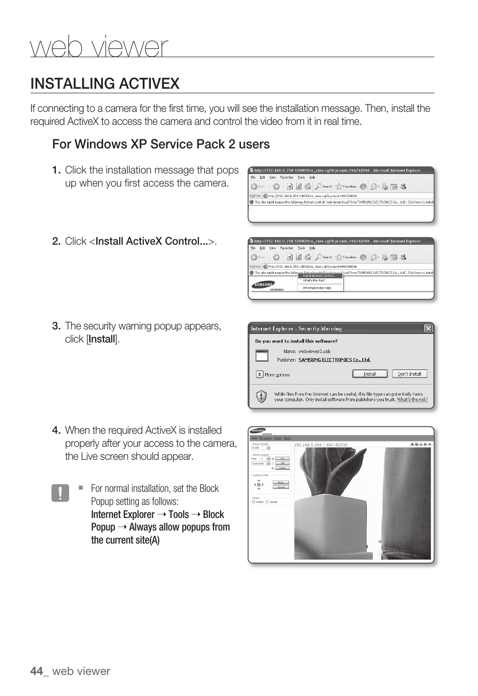 Web viewer, Installing activex | Samsung SNC-B2335P User Manual | Page 44 / 111