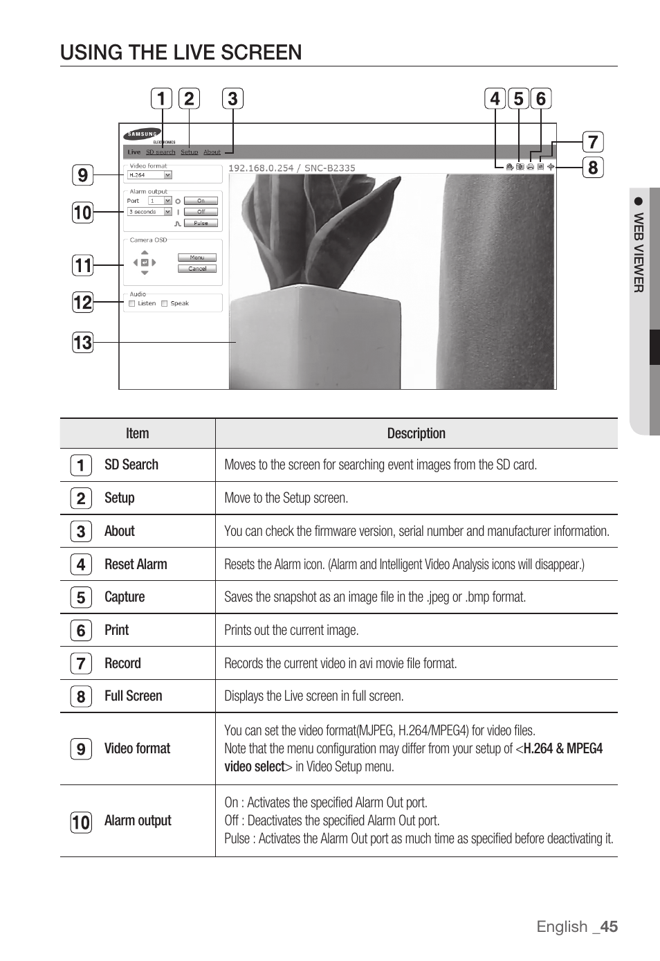 Using the live screen | Samsung SNC-B2335P User Manual | Page 45 / 111