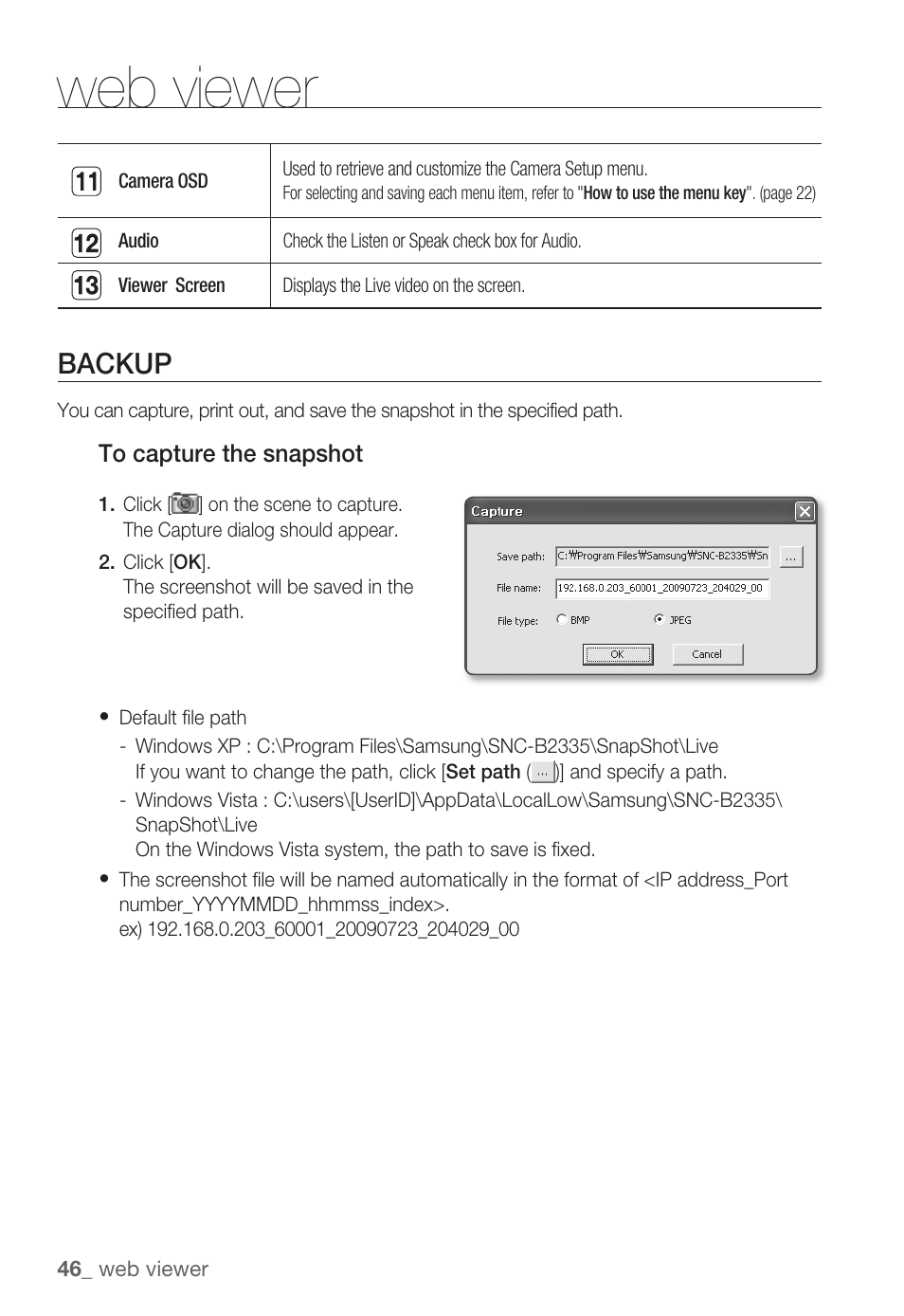 Web viewer, Backup | Samsung SNC-B2335P User Manual | Page 46 / 111