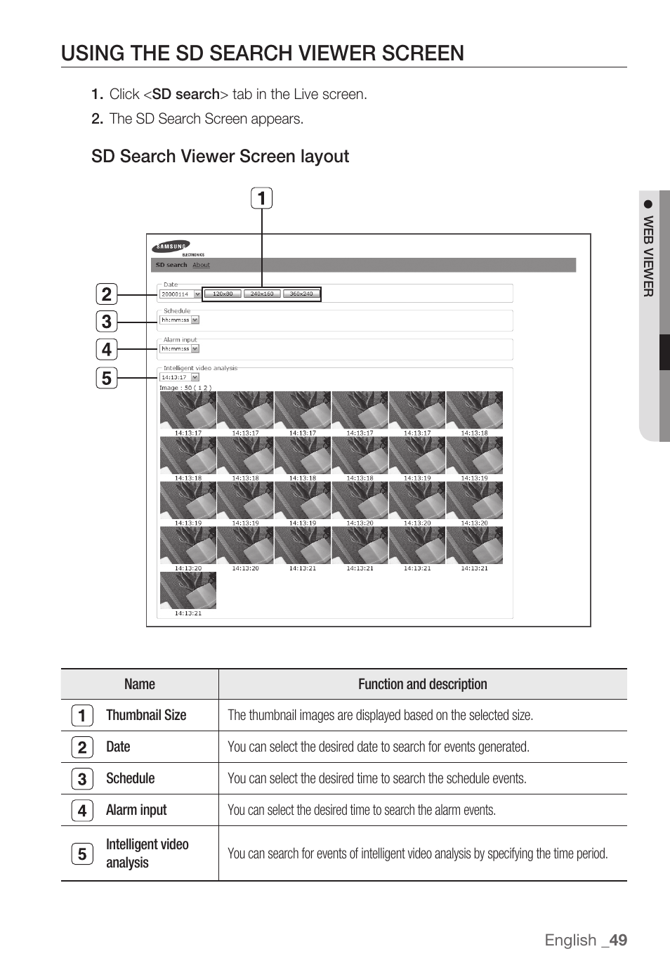 Using the sd search viewer screen, Sd search viewer screen layout | Samsung SNC-B2335P User Manual | Page 49 / 111
